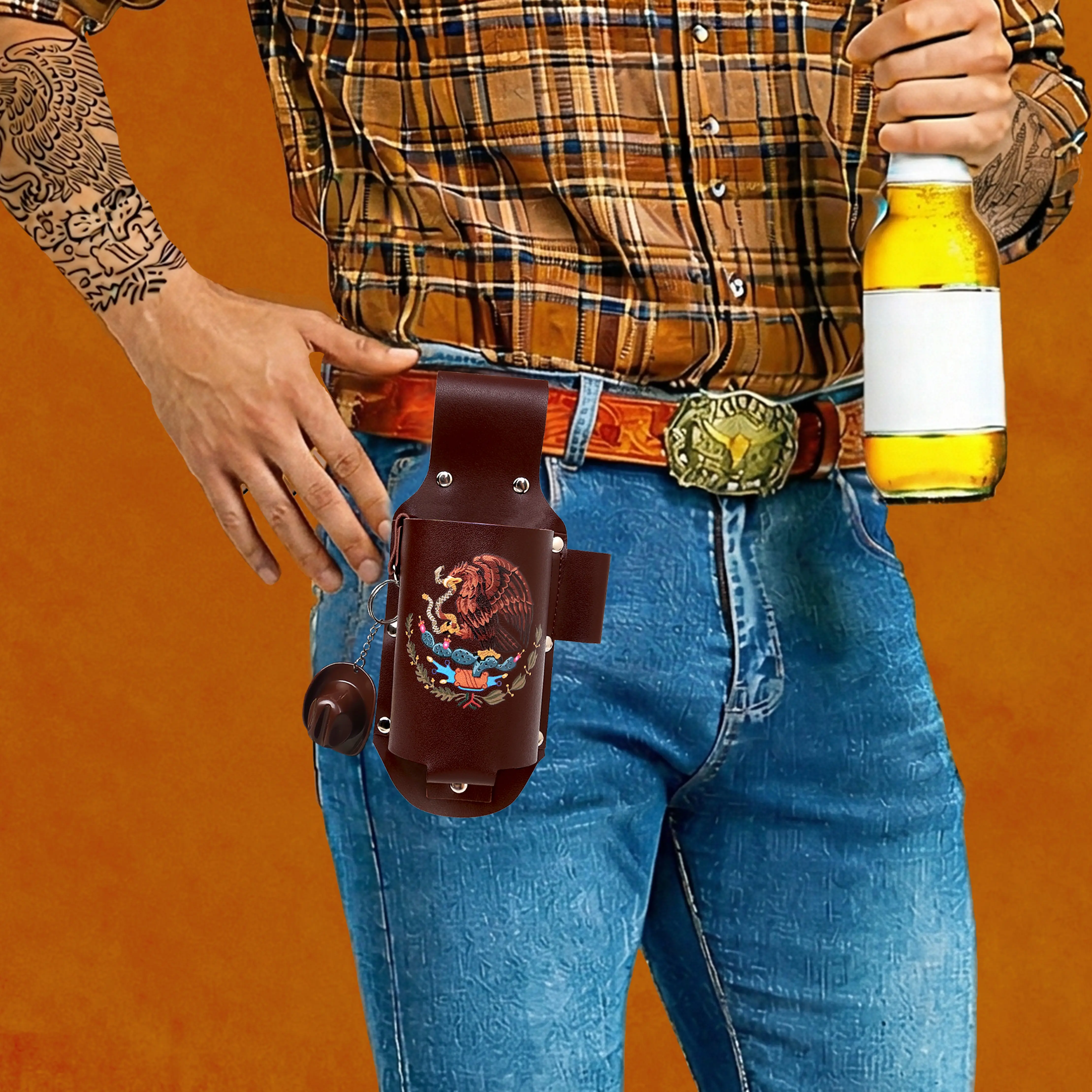 Mexican Pride Leather Drink Holster Belt - Hands-Free Beer Bottle Holder for Men - Sept 16 Mexican Independence Day Gift & BBQ Party Waist Holster