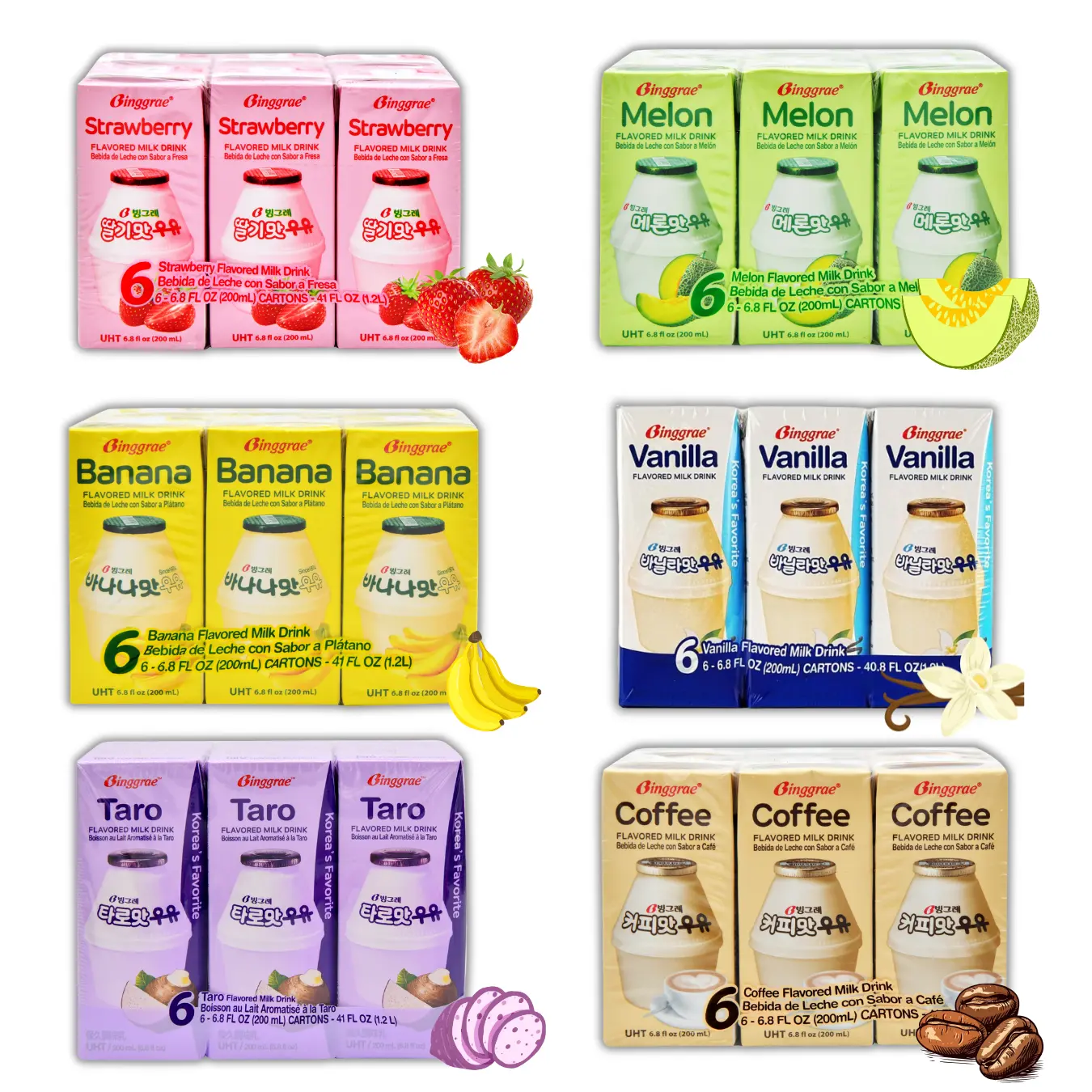 Binggrae Korean Assorted Flavored Dairy Milk Drinks - 6 Packs (6.8oz Each), 6 Tastes (Banana, Strawberry, Melon, Coffee, Taro, Vanilla), Smooth Creamy Texture, Rich Sweet Asian Beverage, All-Age Snack
