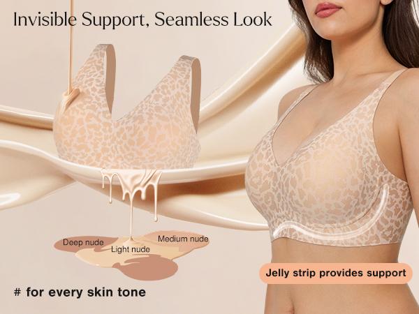 Popilush Seamless Wireless Jelly Bra Strapless V-Neck - Molded Cups Smooth Supportive One-Piece Womens Bra-live