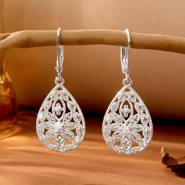 925 Sterling Silver Teardrop Earrings for Women, Cubic Zirconia Filigree Leverback Dangle Earrings, Hypoallergenic Gift, Dangle Earrings Set