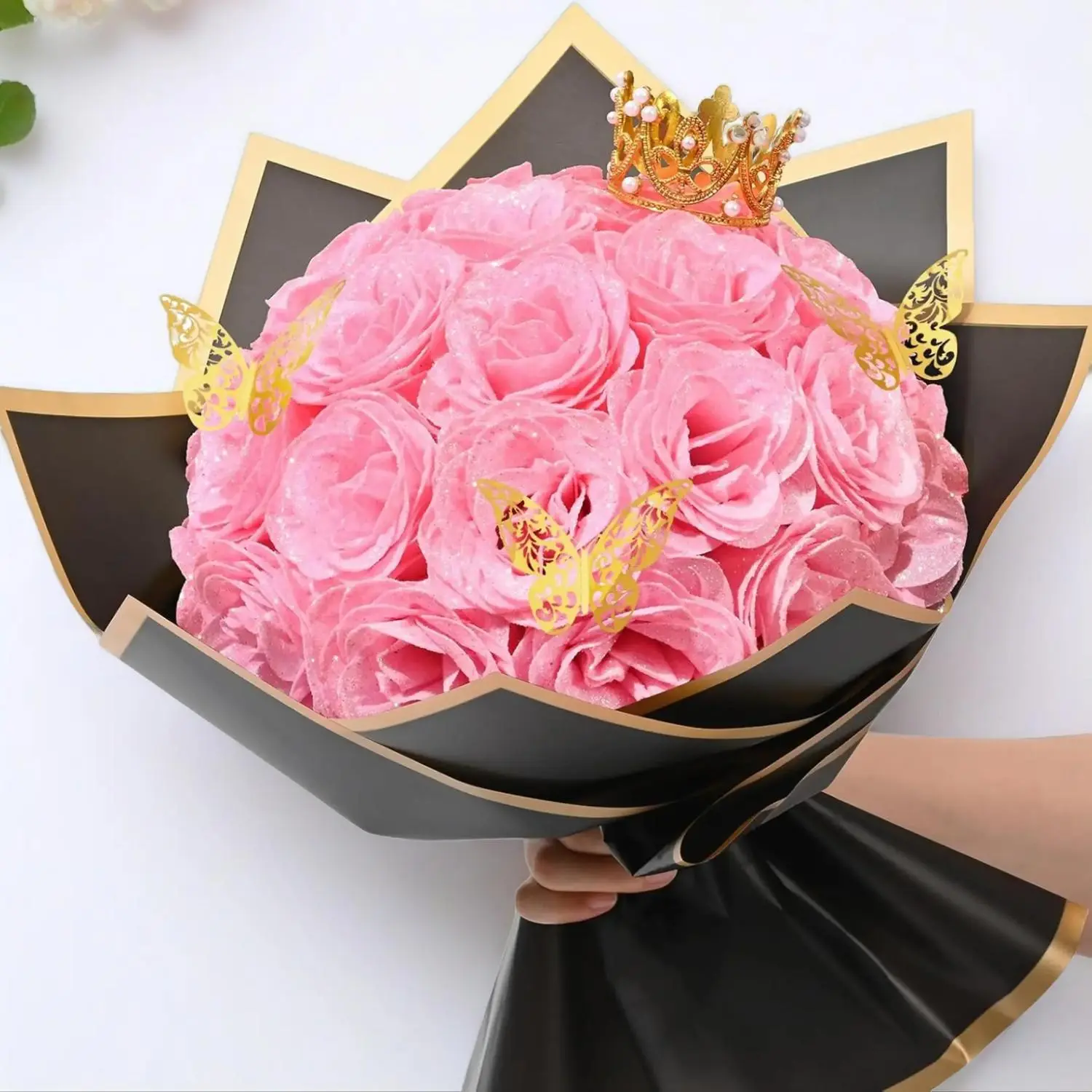 Pink Glitter Roses Bouquet, DIY Fake Flowers Bouquet, Decorative Flowers Bouquet, Artificial Flower Decorations, DIY Floral Arrangements, Artificial Rose Bouquet, Artificial Flower Arrangements for Valentine's Day, Anniversary, 24 Roses