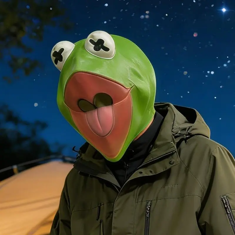 Funny Kermit the Frog Latex Mask, Green Frog Headgear with X Eyes