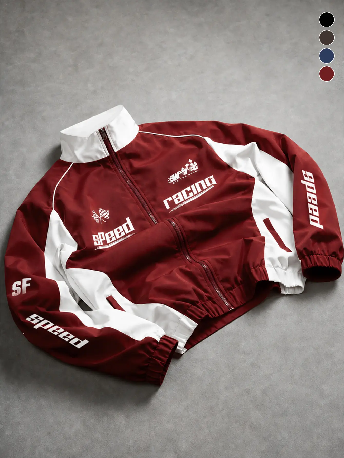 Wine red and white stand collar windproof jacket, allover SPEED racing flag letter print, lightweight windproof fabric, full zip closure plus ribbed hem, suitable for motorcycle riding, commuting, and streetwear styling.