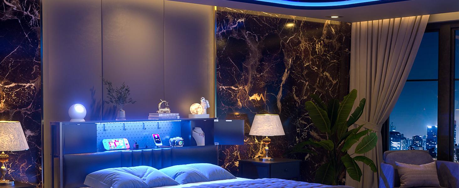 Unikito Luxury Platform Bed Frame with Charging Station & LED Lighting, Sturdy Metal Construction, Ample Storage for Double Queen Beds, MaFurniture Modern Wooden Headboard