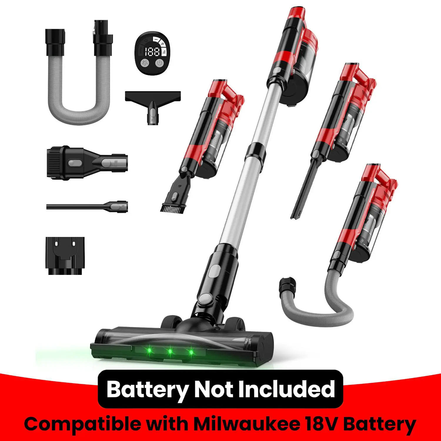 【No Battery】 350W Cordless Vacuum Cleaner for Milwaukee M18 Battery/for Dewalt 20v Battery/ for Makita 18V Battery, 35kPa Brushless Lightweight Stick Vacuum with 3 Mode Suction, 6 in 1 Stick Vacuum Cleaner with HEPA TOr Floor, Carpet, Car