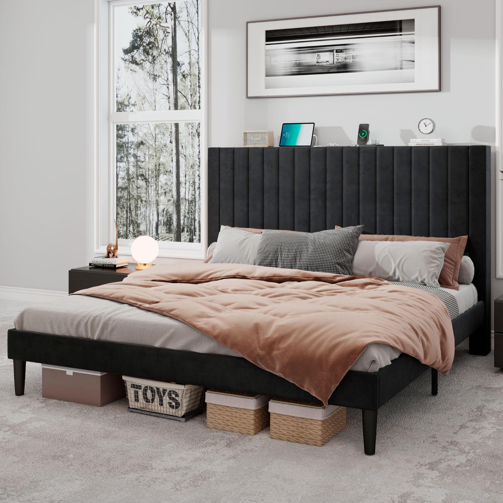 AMERLIFE Bed Frame Velvet Upholstered Tufted Headboard with Charging Station, Mattress Foundation, Box Spring Optional
