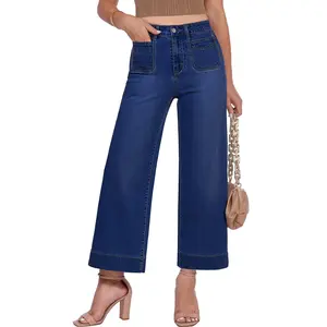 GRAPENT Cropped Jeans for Women Trendy 2026 Wide Leg High Waisted Patch Pocket Stretchy Denim Pants Short Trouser Jeans