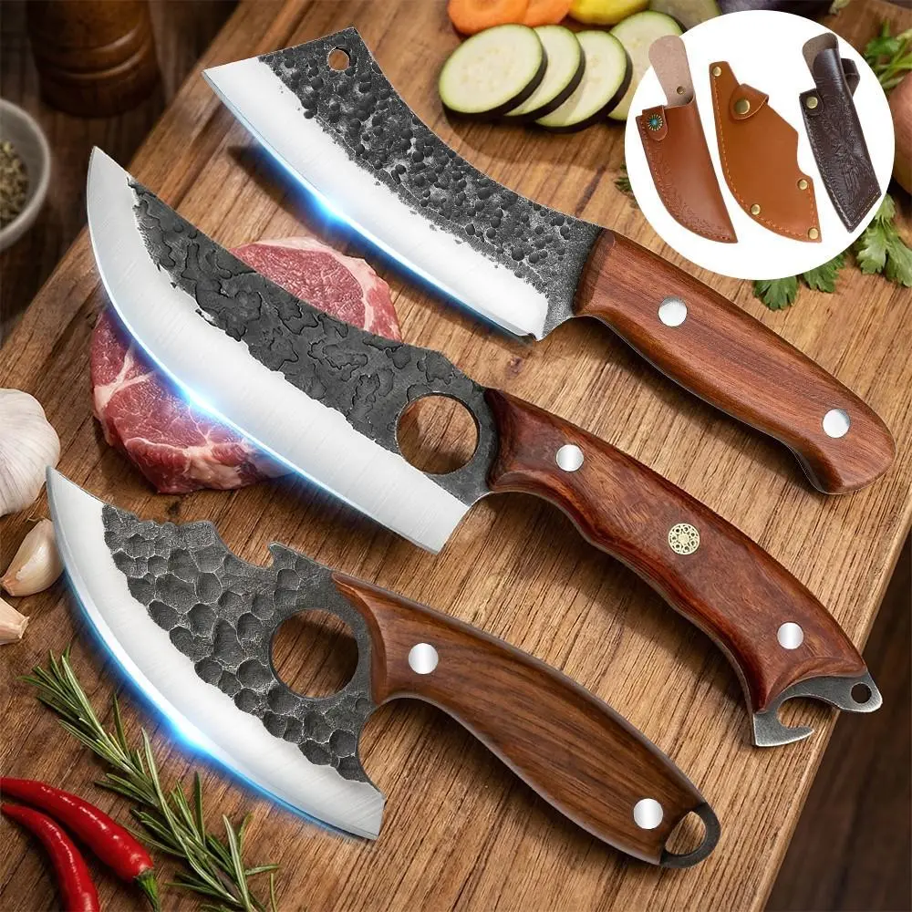 3PCS Kitchen Knife Set Forged Stainless Steel Chef Knives with Leather Sheaths, Butcher Knife, Carving Knife & Paring Knife with Wood Handle for BBQ, Camping#DealsForYouDays