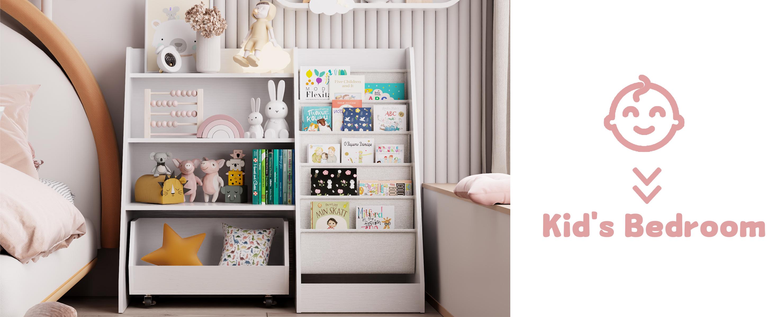 4-Tier Rolling Toy Storage Cabinet for Kids, 5 Layer Sling Toddler kids furniture,Baby Furniture Book Rack,Book and Toy Organizer Cabinet  with Wheels , White.