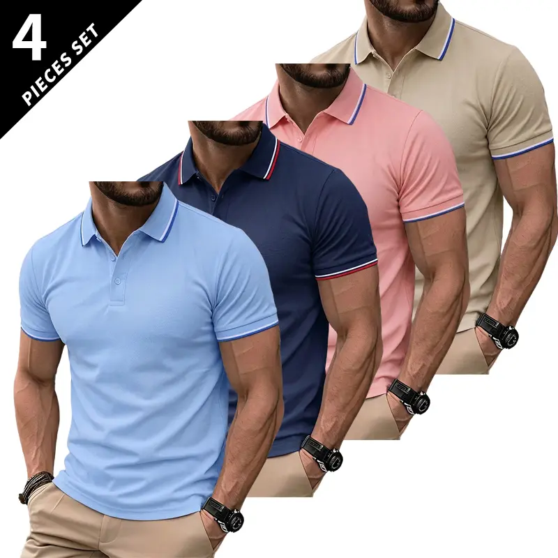 Men’s Short Sleeve T Shirt Pack of 4 – Solid Color, Turn Down Collar Design, Slim Fit, Business Casual, Comfortable Undershirt