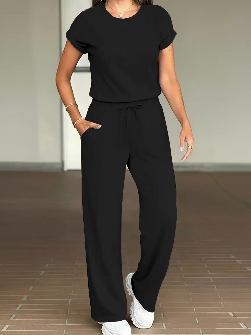 USBOUTIQUECHIC Women's 2026 Spring Oversized Two Piece Set Short Sleeve Top & Drawstring Pants Casual Lounge Outfit Soft Stretchy Fabric - Clothes, Womenswear