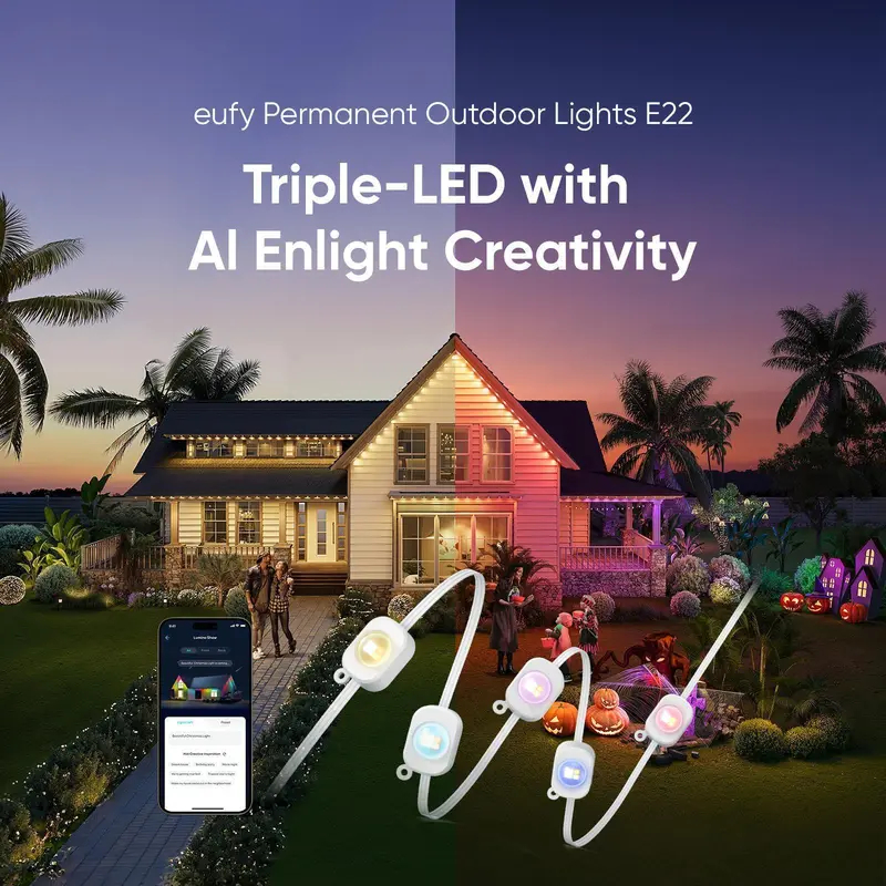 【Exclusive Bundle】eufy Security Permanent Outdoor Lights E22 With 60 Triple-LED Lights Smart RGBWW Lights Daily and Festive Up to IP67 Waterproof AI Lighting Themes for Christmas APP Control