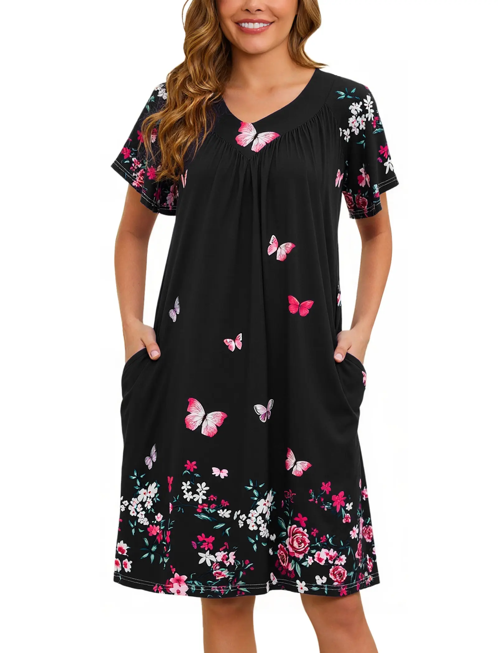 Marvmys Women's Casual Pleated Short-Sleeve Nursing Mumu Dress - Floral Print, V-Neck, Pockets, Day & Night Sleepwear/Loungewear, S-3XL