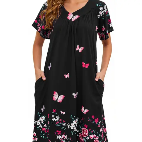 Marvmys Women's Casual Pleated Short-Sleeve Nursing Mumu Dress - Floral Print, V-Neck, Pockets, Day & Night Sleepwear/Loungewear, S-3XL