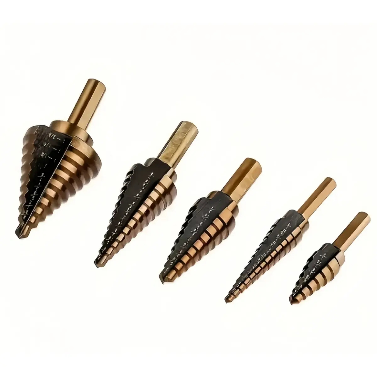 5PCS High Speed Steel Titanium Coated Step Drill Bits Set - Unibit Cone Drill Bits with 118° Split Point Tip for Cutting, Home DIY & Engineering Use on Metal, Wood, Plastic