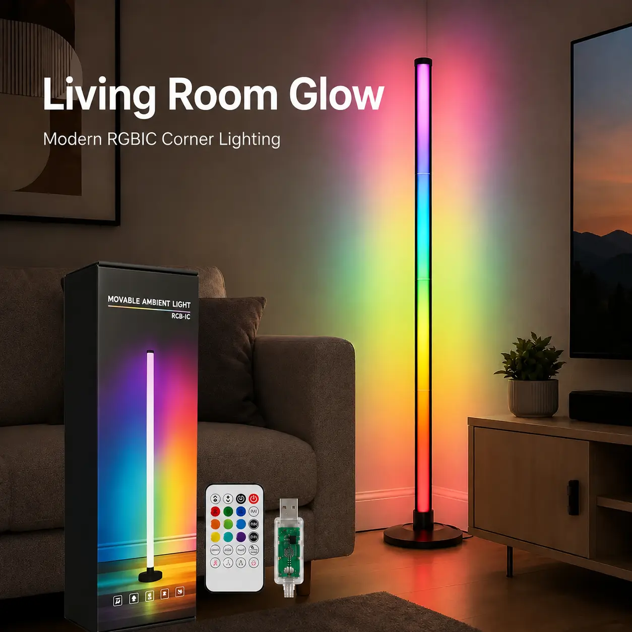 Modern LED RGB Ambient Floor Lamp with APP & Wireless Controller, Music Sync Color-Changing Standing Light, Adjustable RGB Lighting, Enhanced Brightness, ABS Construction for Bedroom, Room Decor