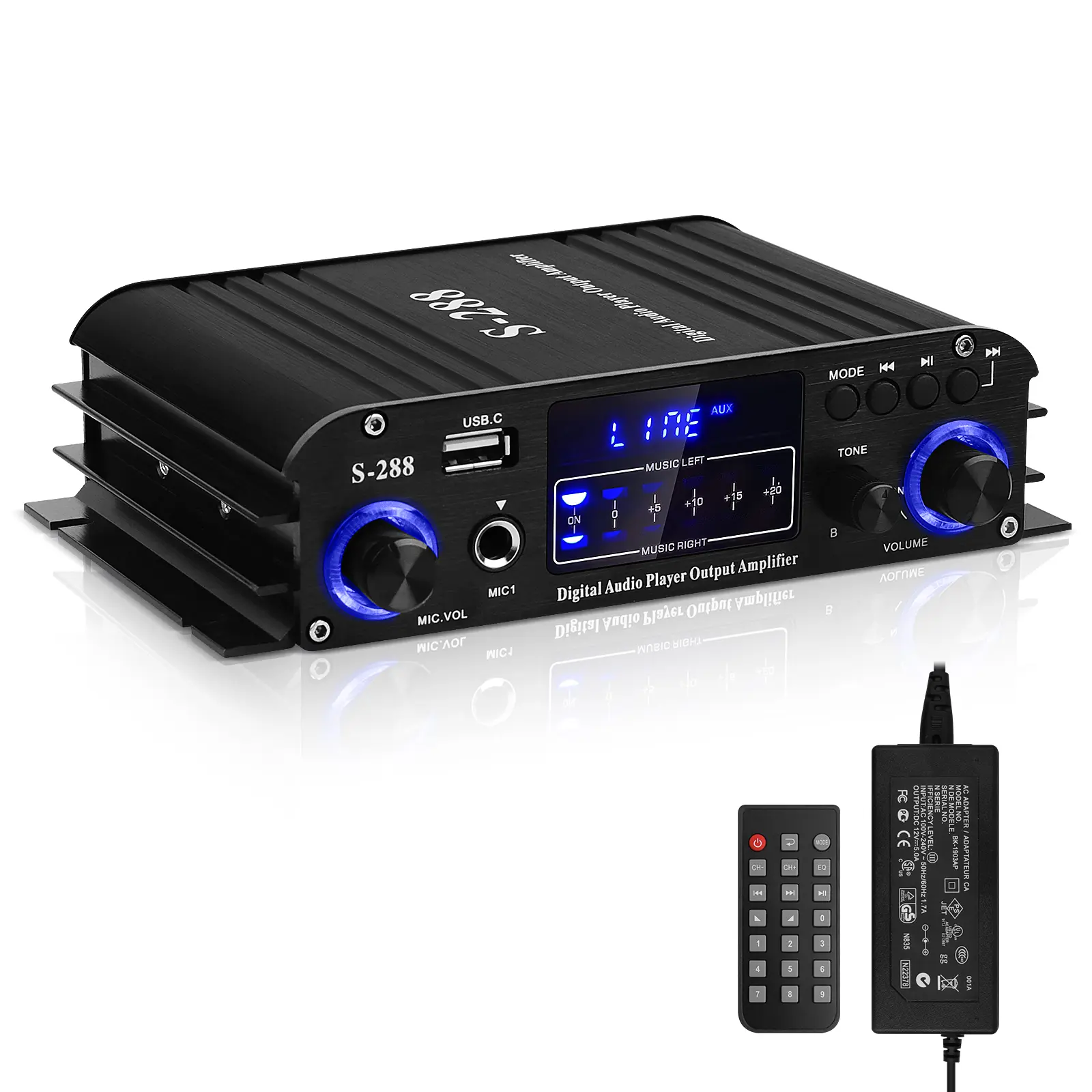 S-288 HiFi 4-Channel Stereo Audio Amplifier with Built-in Bluetooth 5.0 Chip, 600W Integrated Power (RMS 40Wx4), Compact Design, EQ Balance Effect, FM Function, Lossless Decoding, USB, Adapter, Microphone Jack, Wireless Remote for Smartphones, Karaoke, Re