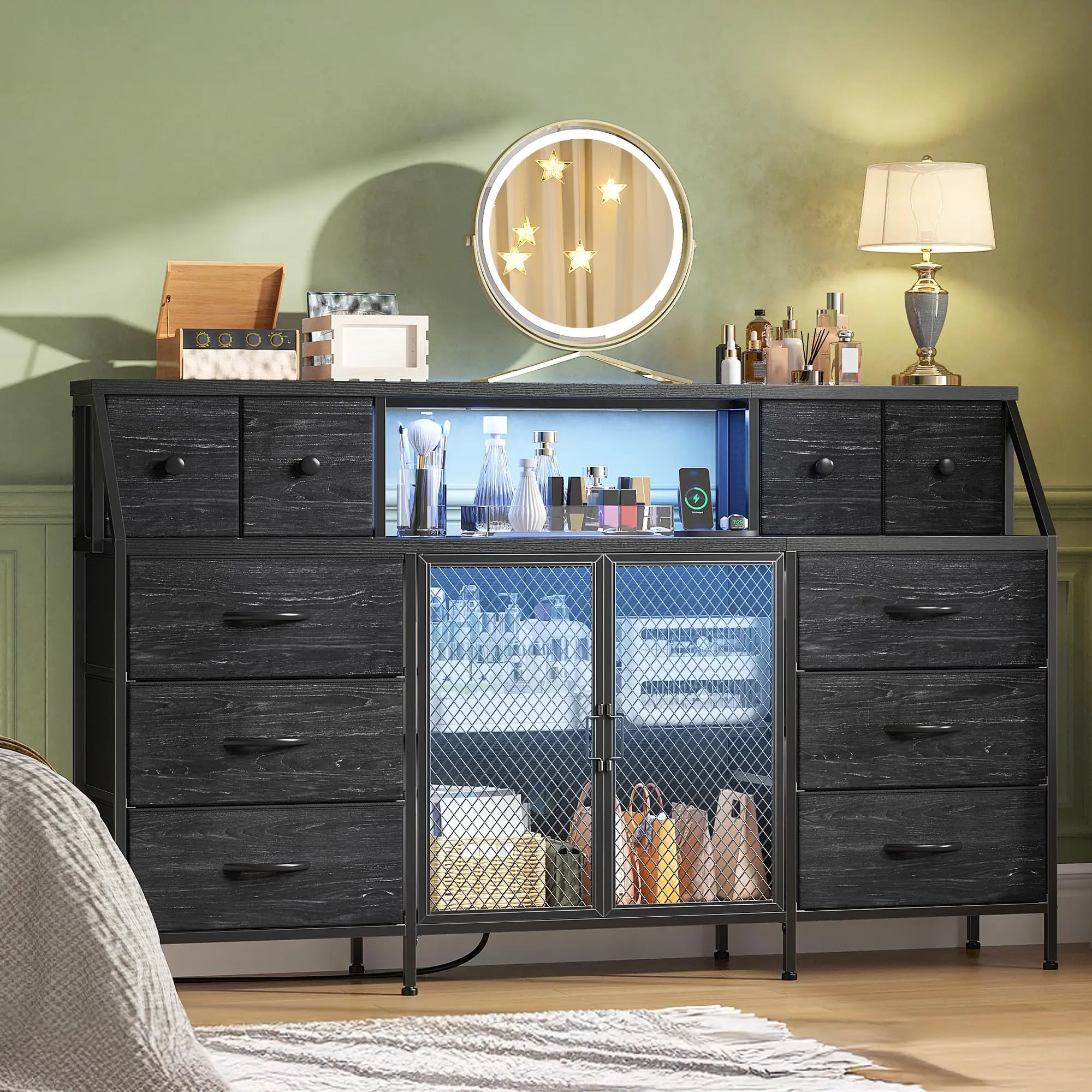 RaybeeFurniture 10 Drawer LED Vanity Dresser with Power Outlets, Multi-Functional TV Stand & Makeup Organizer for 65" Screens, Bedroom, Hallway [Falldealsforyou]