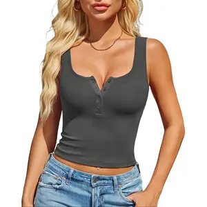Avidlove Womens Crop Tank Tops Going Out Ribbed Button Up Square Neck Summer Slimming Top Cami Shirt