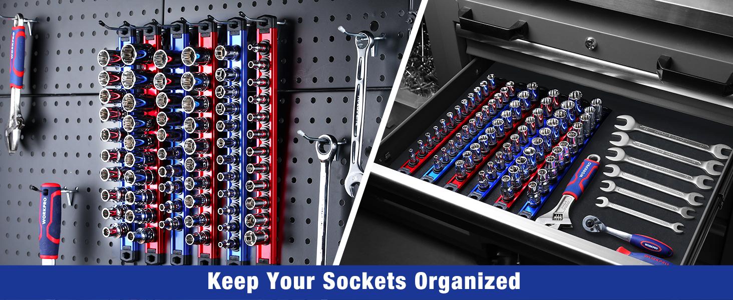 #JumpstartSale WORKPRO Magnetic Socket Organizer, Drive Aluminum Alloy Socket Rail, Heavy Duty Socket Holder, Socket Rack Kit