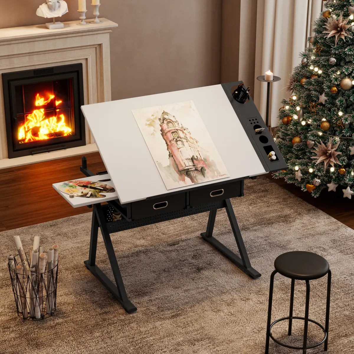 Foldable White MDF Wood Rectangular Drawing Drafting Table Desk with Tilting Top, 69-91cm Height-Adjustable Legs, 38.58x23.62in Surface, 2 Drawers, 47.00lbs, 150kg Load Capacity, Incl. Stool, Requires Assembly, Modern Durable Home Office Furniture