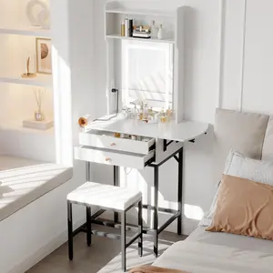 Small Makeup Vanity Desk with Mirror,Mini Makeup Vanity Set with Adjustable Lighted,2 Drawers,Hair Dryer Holder,Fold-Up Panel,Compact Makeup Dressing Table for Small Bedrooms,Apartments,Tiny Space