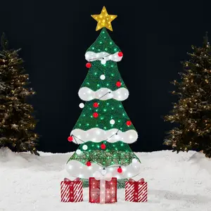Best Choice Products 6ft Lighted 2D Christmas Tree Outdoor Decor w/ 170 LED Lights, Gift Boxes, Storage Bag