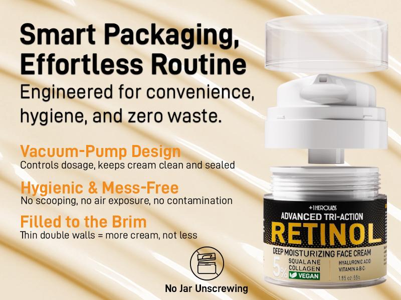 Retinol Cream for Face, Anti Aging Moisturizer with Triple Retinol Complex, Hyaluronic Acid, Collagen, Peptides, Niacinamide, Centella Asiatica & 50000ppm Squalane, Wrinkle Cream for Women, Fragrance Free, 1.85oz
