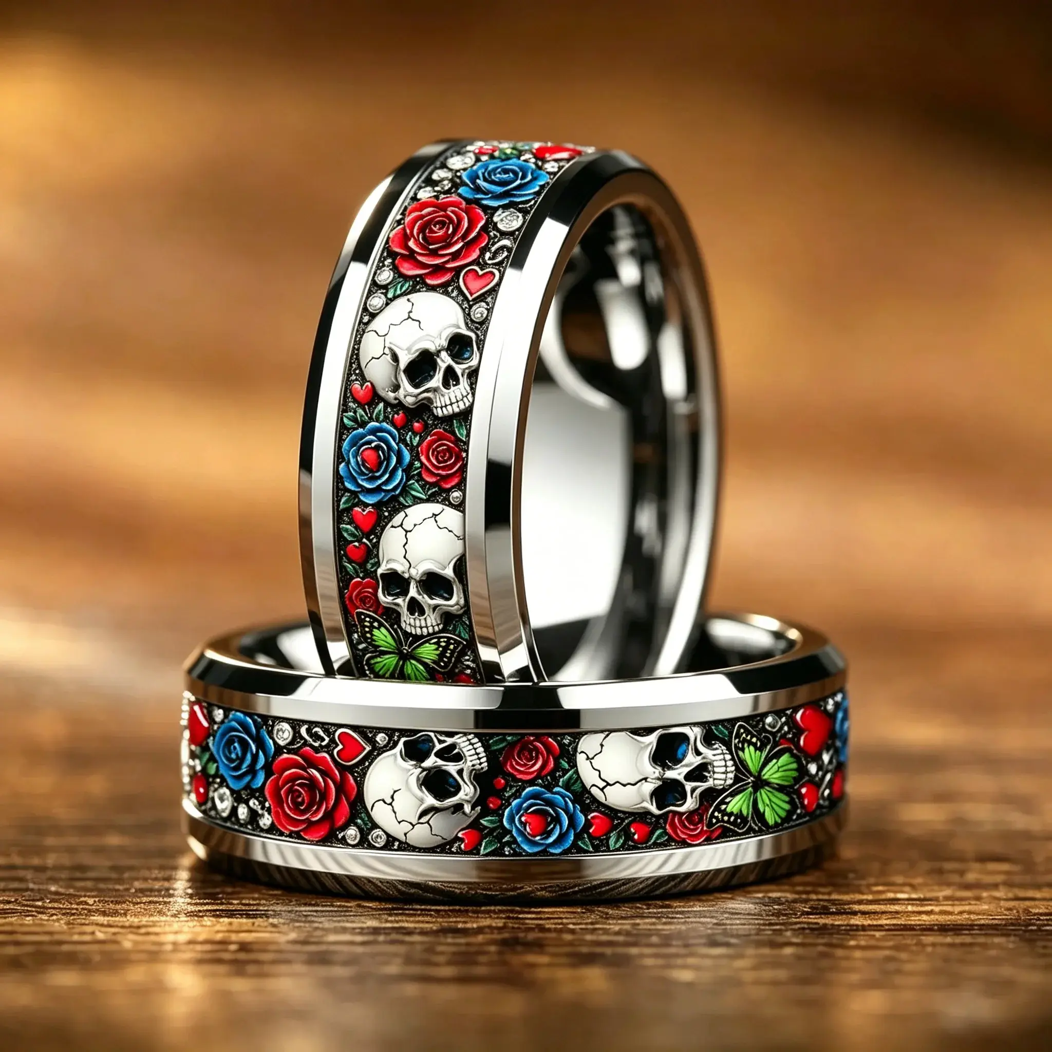 Cyberpunk Cool Red Rose Flower and Skull Ring Gothic Punk Men Stainless Steel Rings No Fade Rock Biker Jewelry Halloween Gift