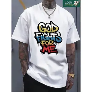 Men's Bold Print with the phrase 'God Fights for Me' Graphic T-Shirt - white Short Sleeve Crew Neck Regular Fit Casual Wear| Soft & Breathable Fabric, Durable Print, Everyday Comfort, Machine Washable, Regular Fit Streetwear Casual Everyday