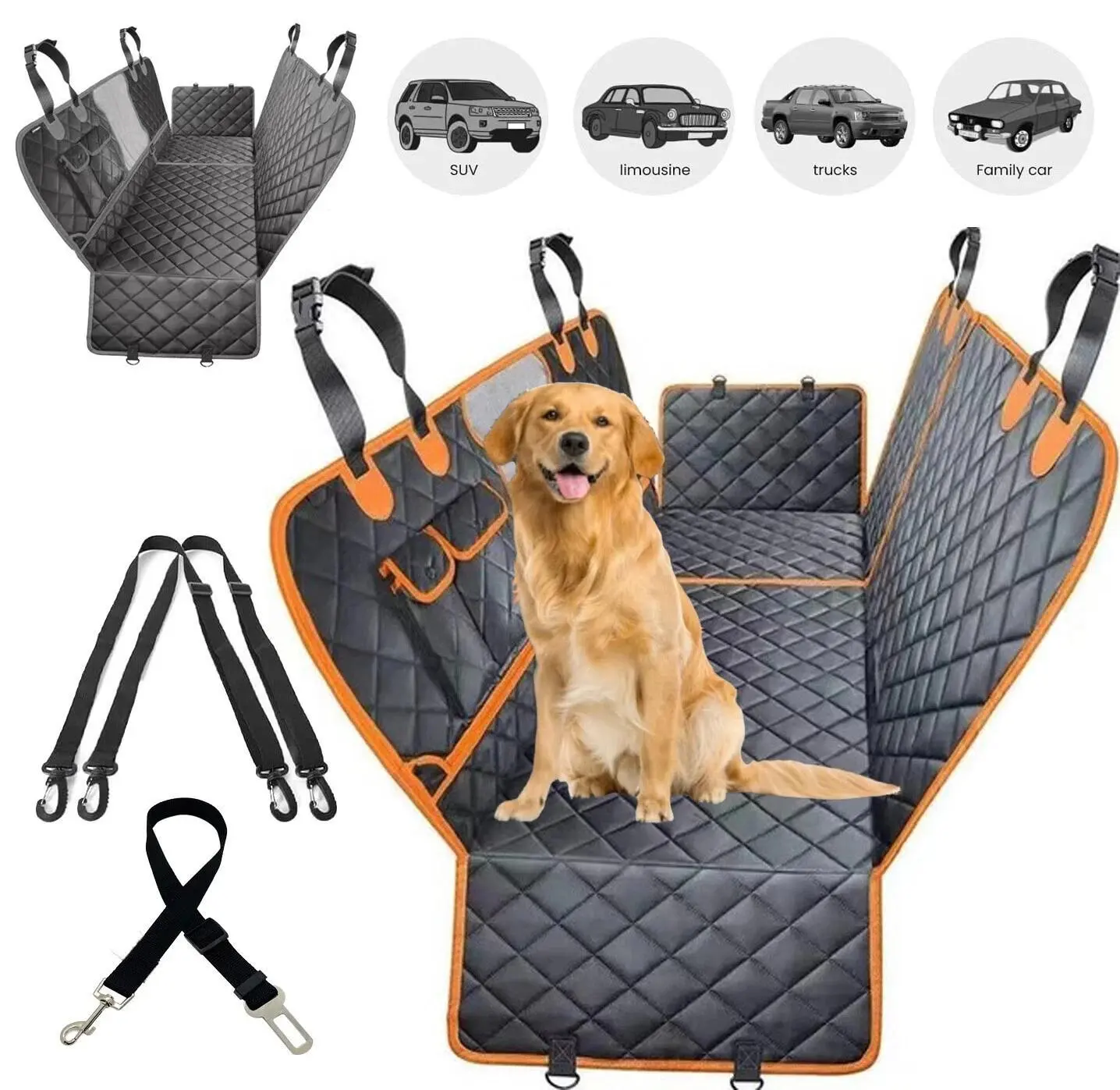 [On Sale!] Dog Car Seat Cover, Waterproof Scratchproof Hammock w/ 4 Storage Bags Side Flaps, Washable Nonslip Backseat Protector for Cars,Trucks,SUVs. Carrier