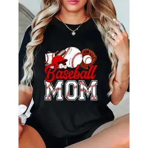 Women's Retro Baseball Mom T-Shirt 100%25 Cotton Crew Neck Softball Game Day Tee Vintage Sports Mama Print Casual Comfortable Top Womenswear Tshirt Crewneck Shortsleeve