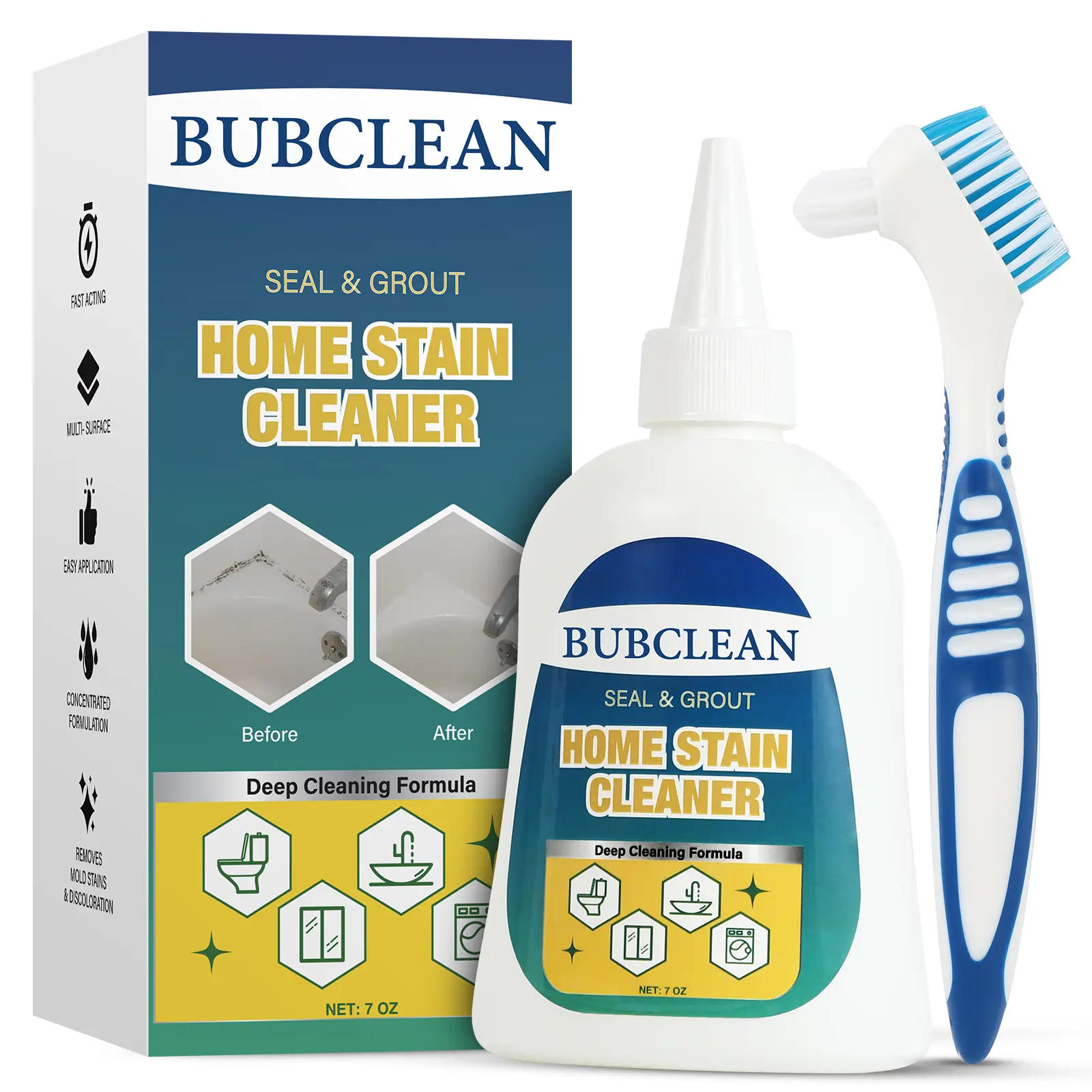 BUBCLEAN Mold Remover Gel with Scrub Brush, Heavy Duty Mildew Stain Remover for Washer Seal, Shower Caulk & Tile Grout, Bathroom Deep Cleaner, 7 Fl Oz