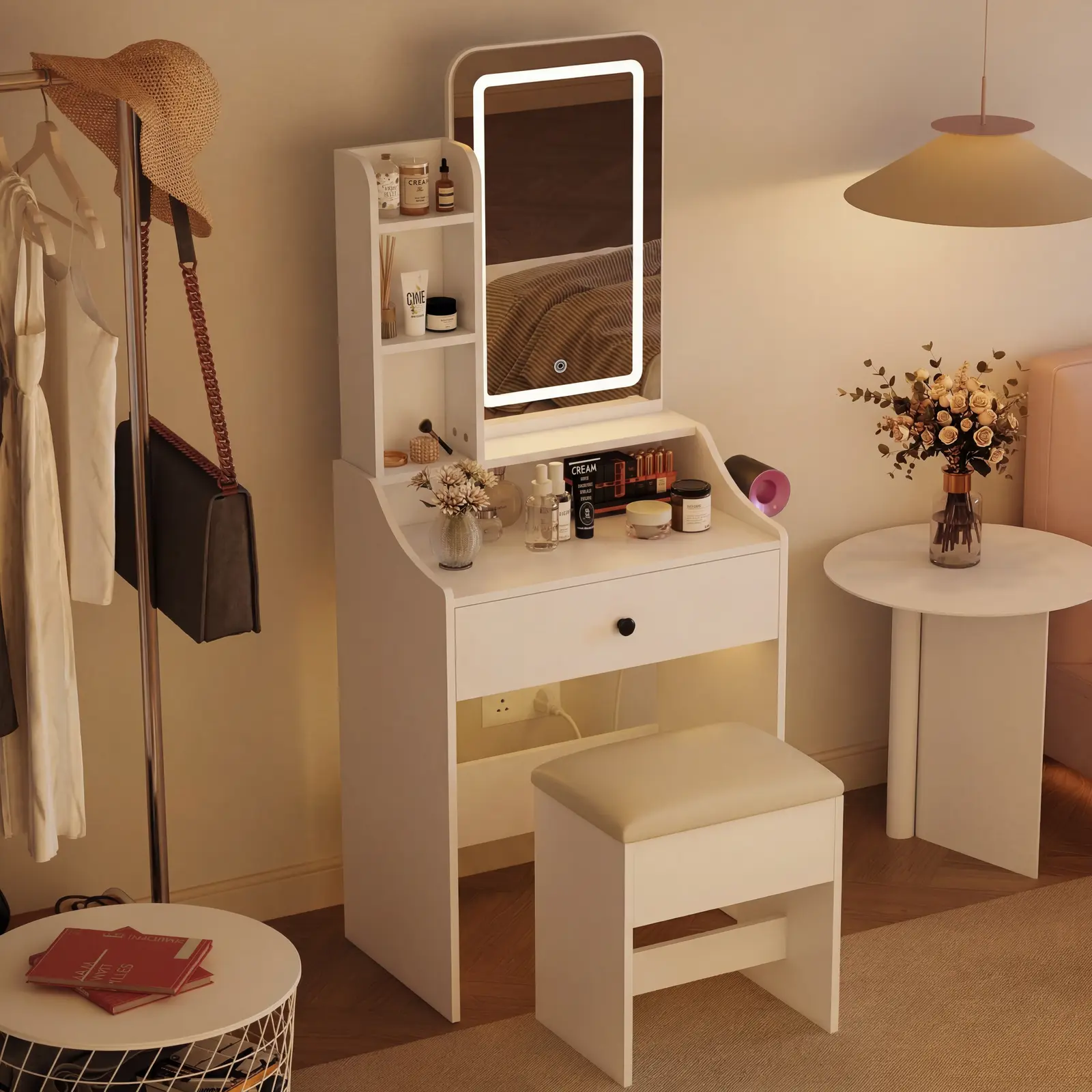 Small Makeup Vanity Desk with Dimmable Lighted Mirror, Vanity Table Set, Storage Drawers, Shelves & Stool for Bedroom Makeup Vanity Desk with Mirror & Lights, Small Vanity Table Set with Drawers & Stool for Bedroom, Vanity Setup