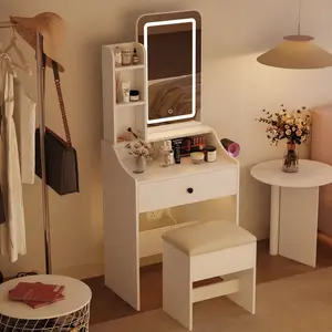Small Makeup Vanity Desk with Dimmable Lighted Mirror, Vanity Table Set, Storage Drawers, Shelves & Stool for Bedroom Makeup Vanity Desk with Mirror & Lights, Small Vanity Table Set with Drawers & Stool for Bedroom, Vanity Setup