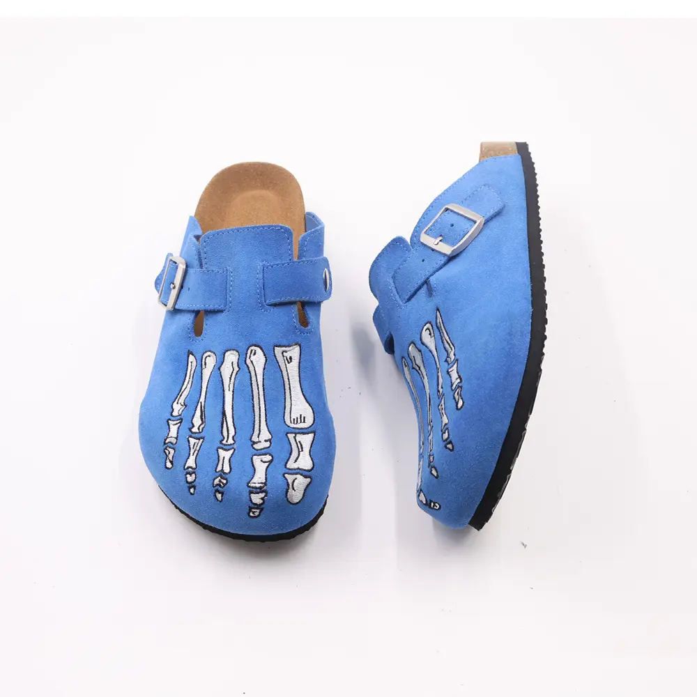 Blue Casual Clogs, Men's Comfort Cork Slides, Gothic Skeleton Embroidery Mules Shoes, Daily Wear & Outdoor Footwear
