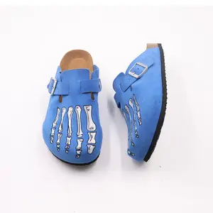Blue Casual Clogs, Men's Comfort Cork Slides, Gothic Skeleton Embroidery Shoes, Daily Wear & Outdoor Footwear