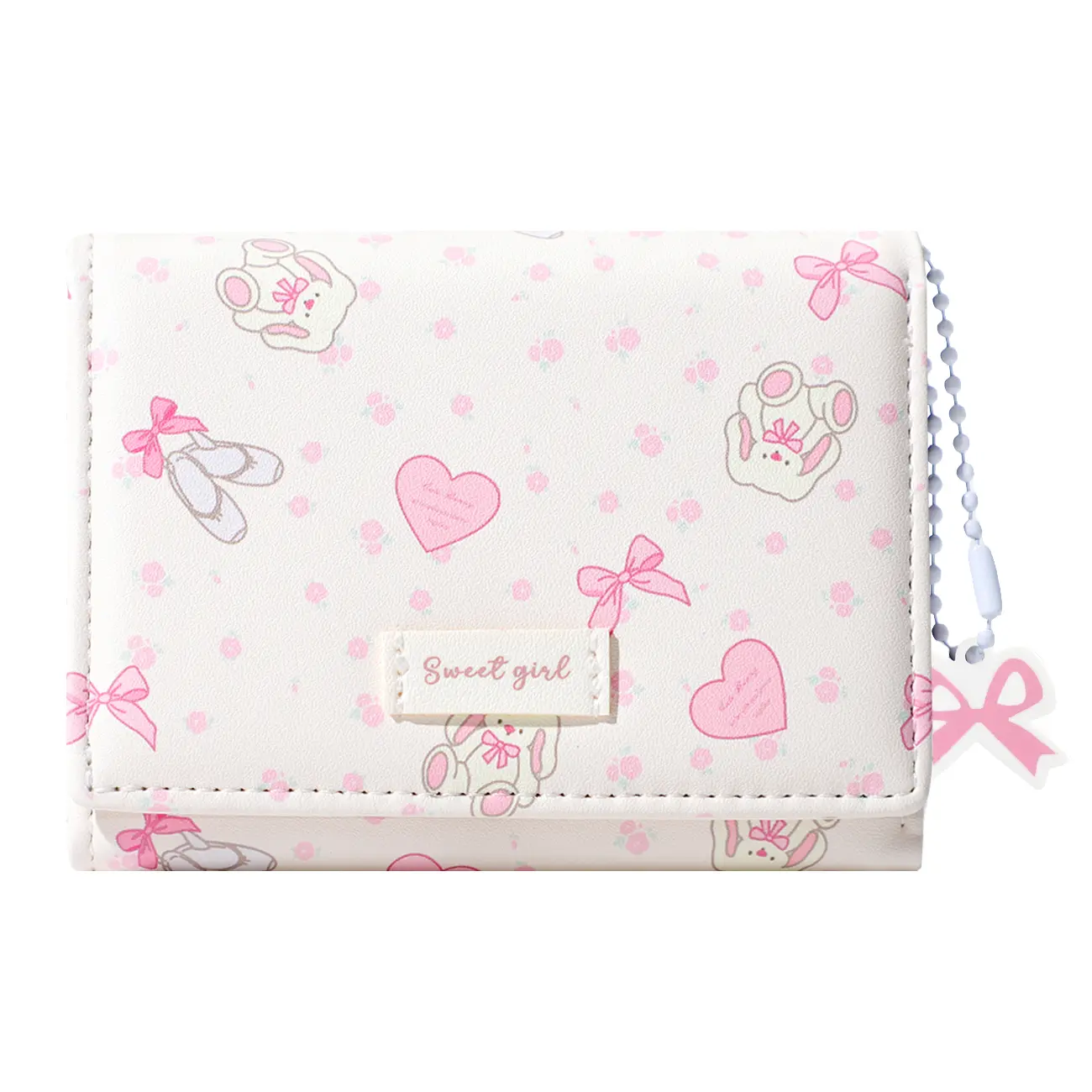 Women's Japanese Cute Wallet - Durable Fashion Credit Card Wallet with Bunny Bow Print, Pendant and Card Slots