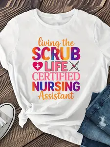 [Floral Print CNA Tee] Women's "Living The Scrubs Life" Certified Nursing Assistant & CNA Graphic Tee - 100% Casual Short Sleeve T-Shirt with Floral Print, Medium Elasticity, Machine Washable, Spring/Summer Comfort Fit, Nurse Shirts, Summer Uniform Top, V