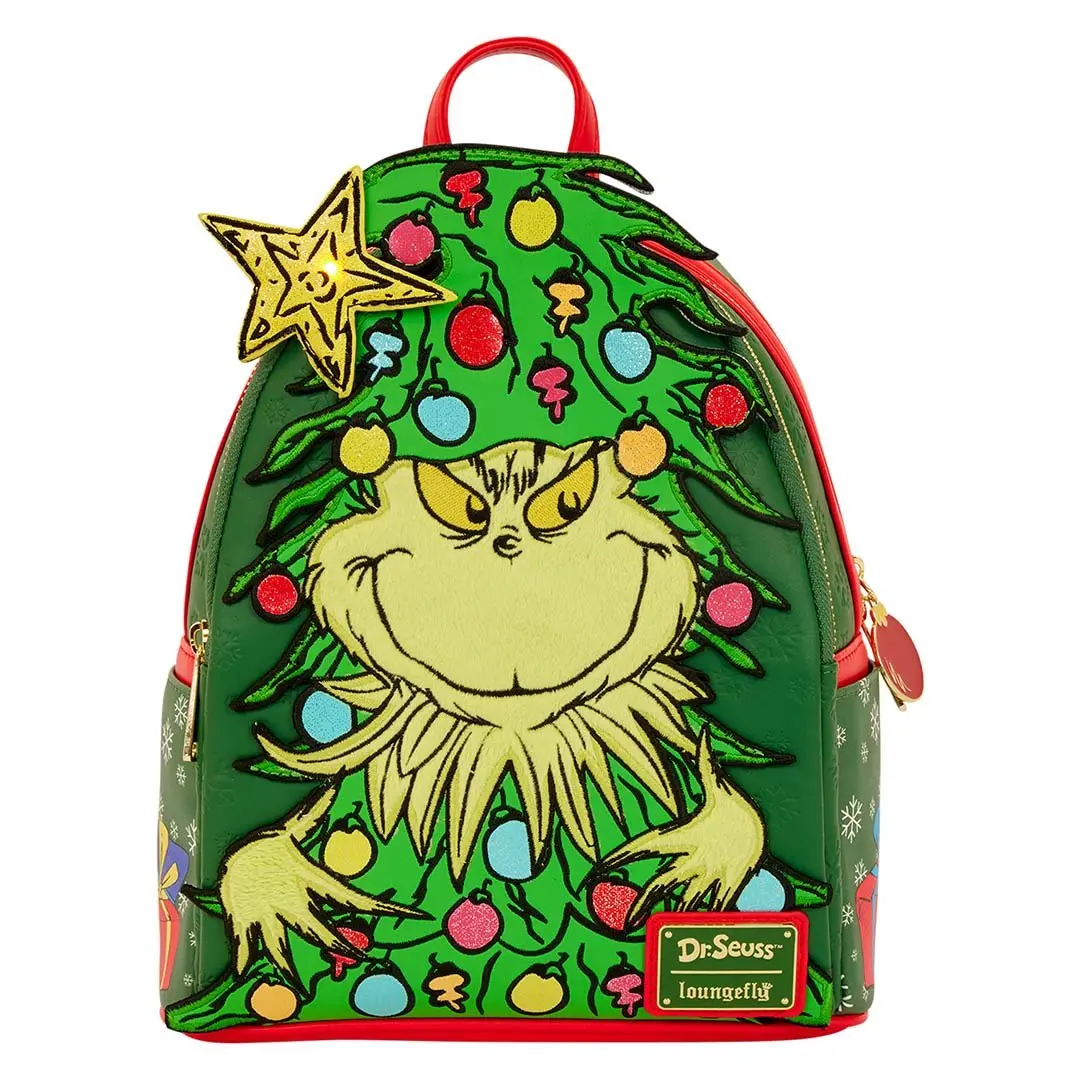 Loungefly Dr. Seuss The Grinch Collectible Mini Backpack for Adults, Faux Leather Micro Bag with Light-Up Star and Plush Details, Cute Versatile Backpack, Collectibles, 9” W X 10.5” H X 4.5” D, Graphic Print, Glitter, Character-Themed Backpacks