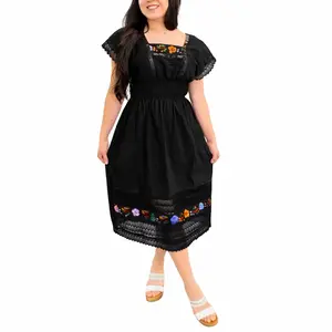 Luz Dress - Hand Embroidered Mexican Dress Made in Mexico Floral Embroidery and Lace Hem One Size Fits All Casual Womenswear