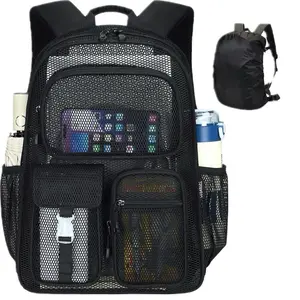 Mesh backpack with rain cover , 16 inches black large capacity lightweight breathable with comfort padded straps for school, work swimming, beach, fitness and sports