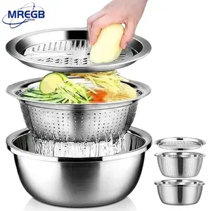 MREGB 3-In-1 Stainless Steel Multi-Functional Strainer Set, Includes Basin/sieve/cutter, Ideal for Washing Rice Fruits Vegetables Kitchen Essentials Colander Kitchenware Cooking
