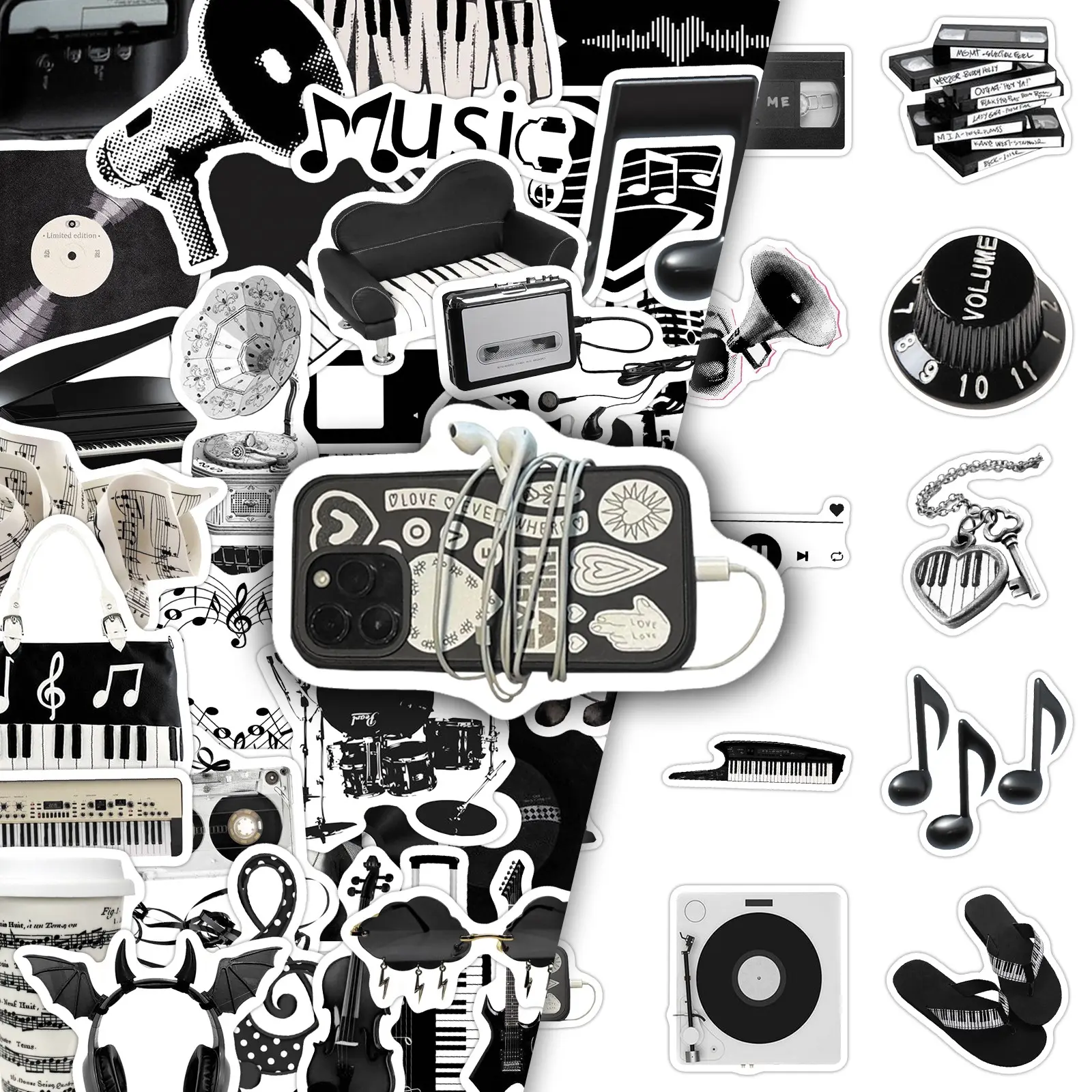 50 Sheets Black and White Music Style Minimalist Niche Aesthetic Decoration DIY Scrapbook Cellphone Phone Case Storage Box Stickers Accessories Smartphone