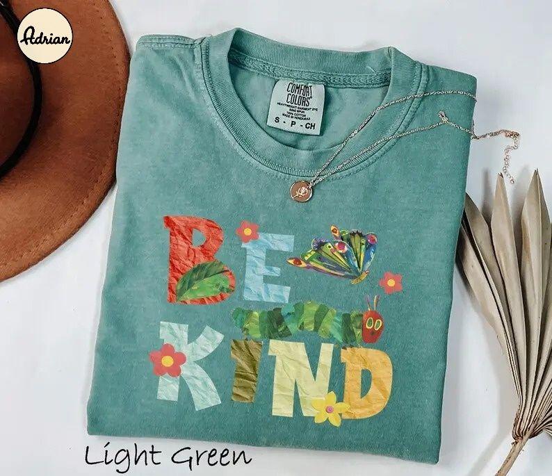 Comfort Colors Be Kind Teacher Shirt by Adrian Originals, Hungry Caterpillar Butterfly Tee, Retro Back To School Teacher Appreciation Gift, Cute Preschool Classroom Graphic T-shirt, Garment-Dyed Soft Cotton, Made In The USA