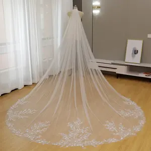 Cathedral Length Wedding Veil with Sparkling Sequin Baroque Lace Edge, 1 Tier Royal Bridal Veil