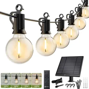 Brightown Solar String Lights Outdoor Waterproof with Remote Cable Ties and Hooks, 38FT Patio Lights with 15 LED Shatterproof Bulbs, 3 Light Modes, Dimmable Hanging Lights for Backyard Party Decor