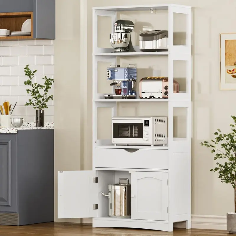 Sikaic 64 Inch Freestanding Storage Cabinet with Sliding Door, White Wood Organizer with Display Shelves and Drawer