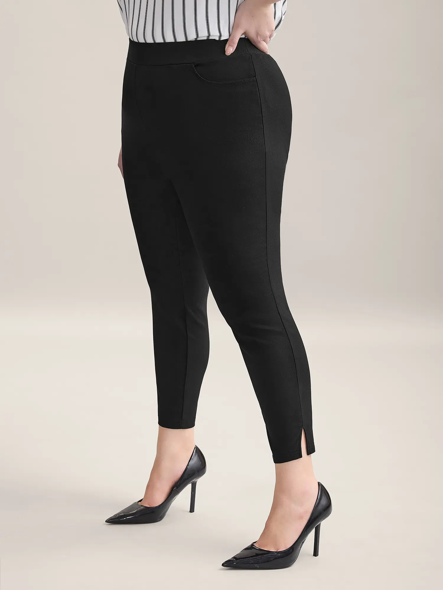 BLOOMCHIC Women's Plus Size Spandex Office Work Pants - Mid-Rise, Skinny Full-Length, Smooth Rayon Blend, High-Stretch Fabric Moves With You, Split Hem, Slanted Pockets, Butt-Lifting Slim Cut, Basic Black Corporate Wear [M-6X] Summerfinds Bottom Garment