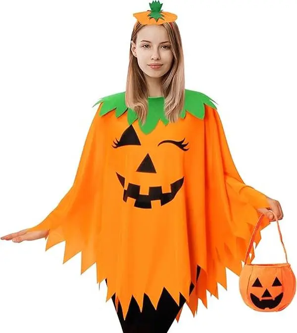 3 PCS Halloween Pumpkin Poncho for Women,Pumpkin Cape Costume with Headband and Candy Bag,Halloween Costume for Women